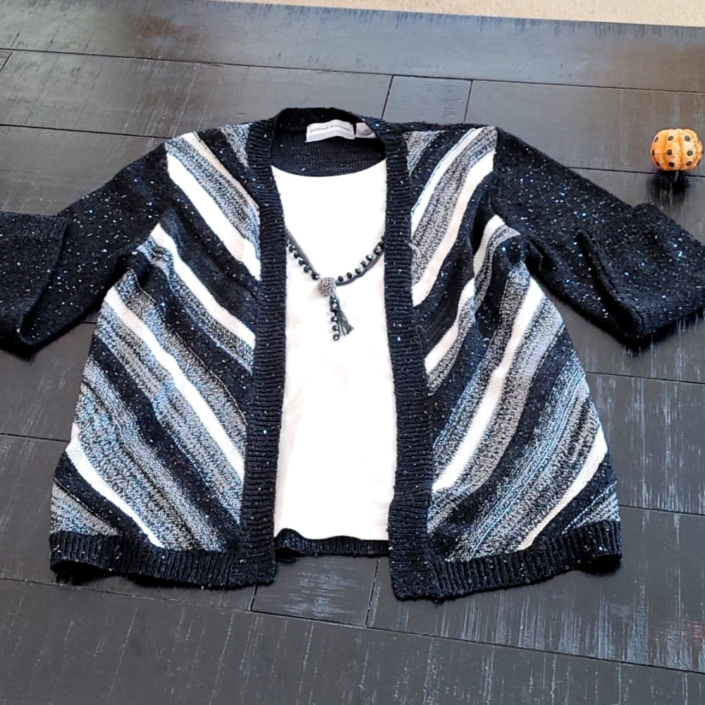 Alfred Dunner Black & White Sequined Cardigan w/ Shell & Necklace, Womens